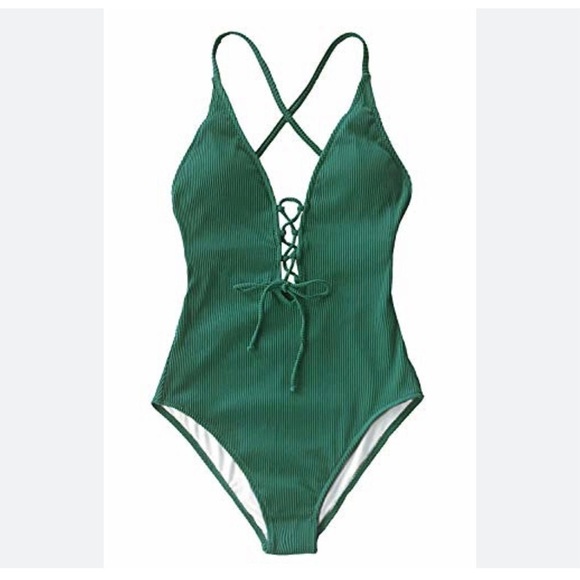 Cupshe Other - Cupshe Women's Green Plunge V Neck Lace-Up Ribbed One Piece Swimsuit Size L
